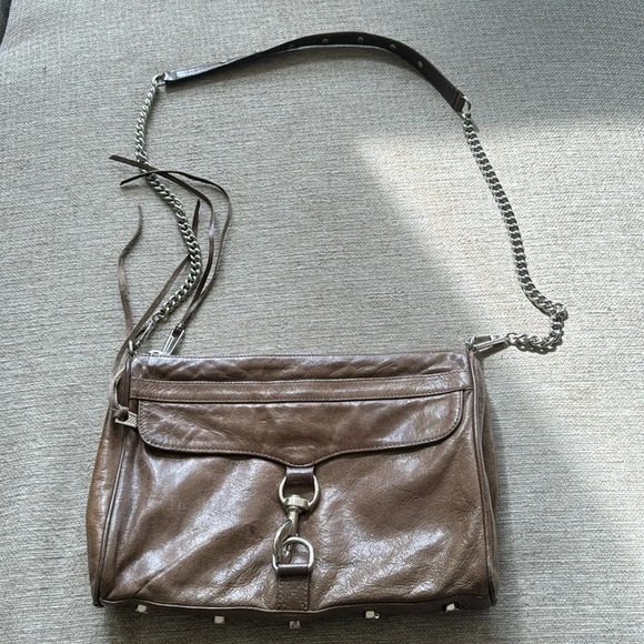 Rebecca minkoff brown taupe leather crossbody bag w/ a silver chain & hardware - Picture 1 of 13